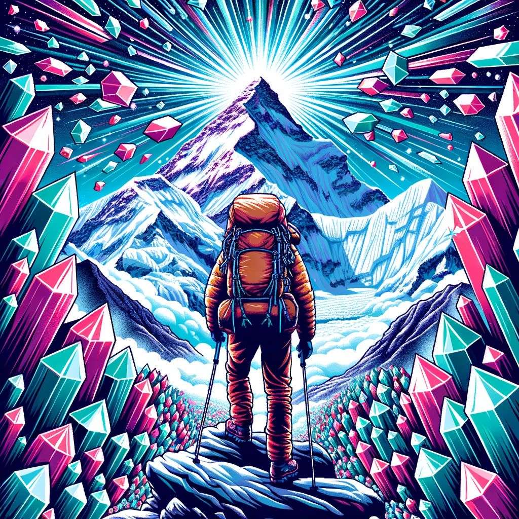 someone gazing at Mount Everest, covered in exploding crystals